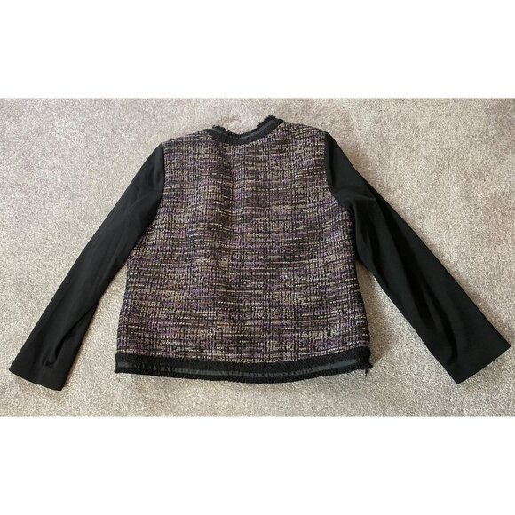Chicos 1 Tweed Metallic Jacket W/ Black Stretch Sleeves & Fringe Hem Medium - Picture 2 of 10